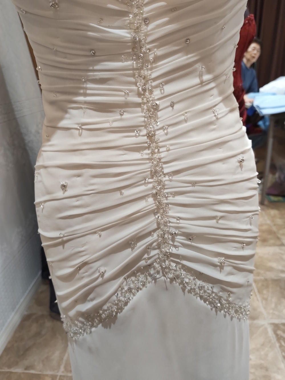 Elegant Beaded Ruched Ivory Dress
